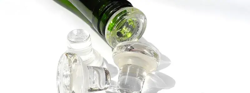 白い背景の上に並べられたガラス製のワインストッパーと緑のワインボトル。光の反射が美しく、高級感のあるワンランク上のワインストッパーをイメージした構図