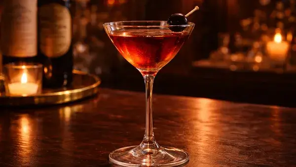 ロブロイのカクテル。スコッチウイスキーとベルモットの深い赤褐色とチェリーが、相手の心を奪いたいという力強い想いと大人の魅力を表現したイメージ画像
