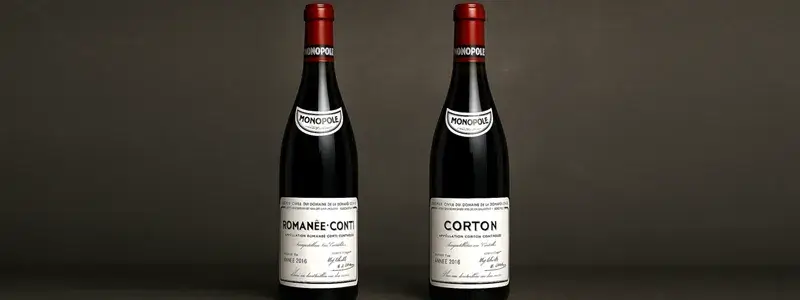 ドメーヌ・ド・ラ・ロマネ・コンティが生産するロマネ・コンティとコルトンのワインボトル。ラベルの違いが明確にわかる比較画像