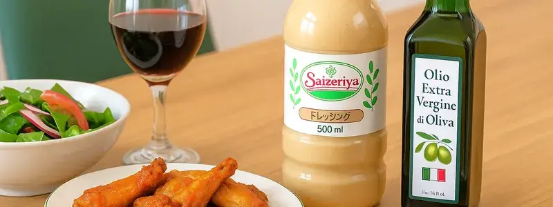 サイゼリヤのオリジナルドレッシングとエクストラバージンオリーブオイルが料理と一緒に並ぶ自宅の食卓イメージ