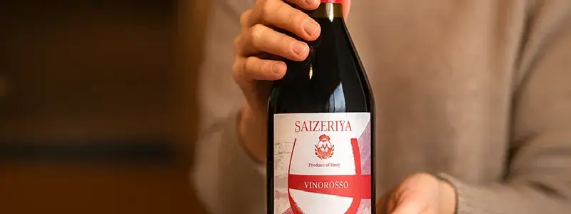 サイゼリヤのVINOROSSOワインボトルを手に持って紹介している様子