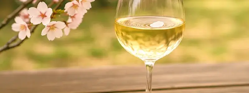 満開の桜の下、テーブルに置かれた白ワインのグラスに花びらが浮かぶ春の風景