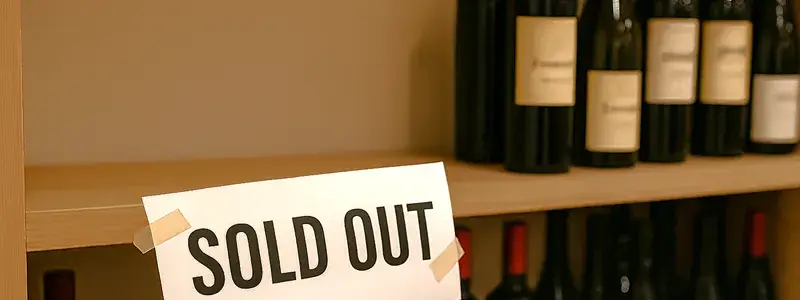 SOLD OUTの貼り紙が貼られたワイン棚。上段のボトルがなくなり、終売をイメージさせる写真。