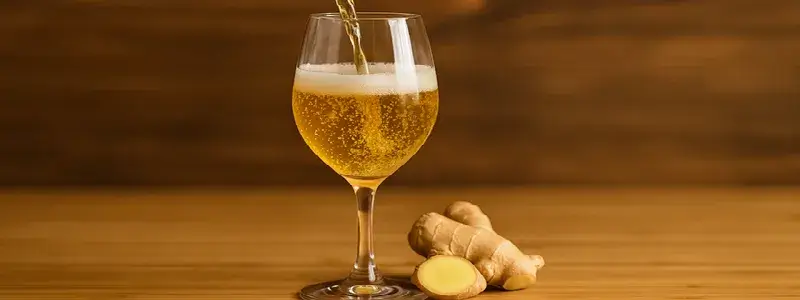 黄金色のスパークリングワイン風カクテルを注いだワイングラスと生姜。ストーンズジンジャーワインで楽しんだシャンディガフをイメージした写真。