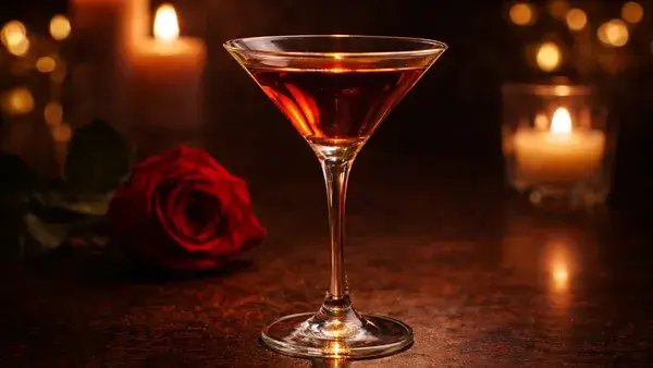 シェリーのカクテル。深い琥珀色の一杯とキャンドルの光が、今夜はあなたにすべてを捧げるという情熱的で大人な雰囲気を演出したイメージ画像
