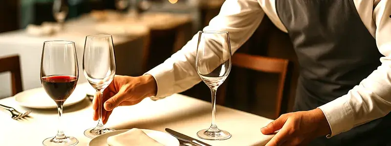 レストランでウェイターが空いたワイングラスをスマートに下げる様子。ワインペアリングで飲みきれなかった時の上品な対処法の一例。