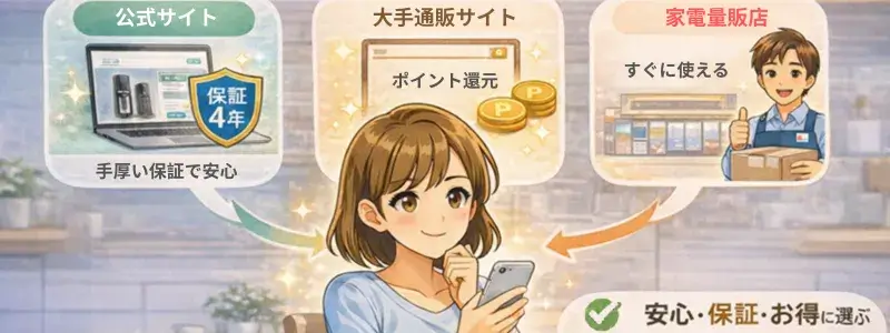 ソーダストリームの購入先を比較し、公式サイト・通販サイト・家電量販店の違いを検討する女性のイラスト