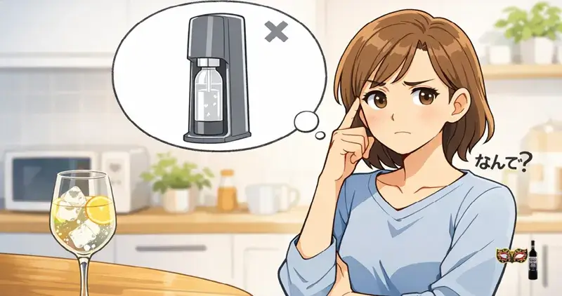 ソーダストリームは買わないほうがいいのか悩む女性と、スプリッツァーを前に考え込むイラスト