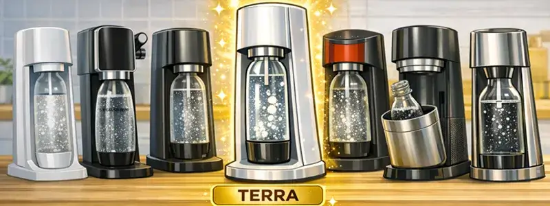 ソーダストリーム現行モデルを比較し中央にTERRAをおすすめとして強調したイメージイラスト