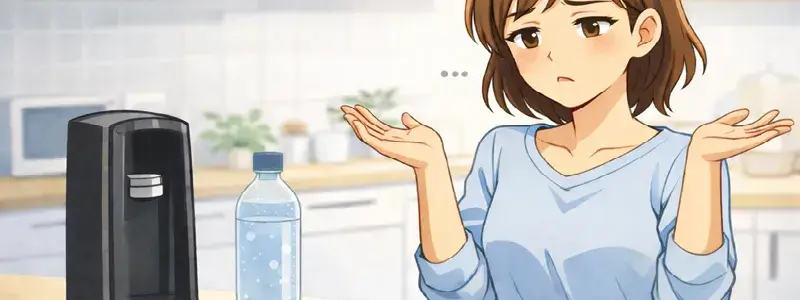 ソーダストリームを前に、使うのが面倒そうに悩む女性のイラスト。向いていない人の特徴をイメージしたキッチンの場面