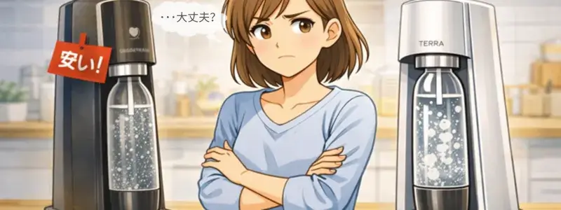 旧型ソーダストリームとTERRAを比較して購入を迷う女性のイラスト