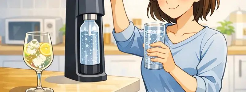 ソーダストリームで炭酸水を作りながら、グラスを手に微笑む女性のイラスト。炭酸水やお酒を日常的に楽しむ人に向いているイメージ