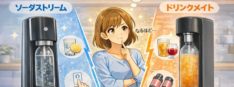 ソーダストリームとドリンクメイトの違いを比較したイラスト。炭酸水専用と飲料直接炭酸の特徴を分かりやすく解説