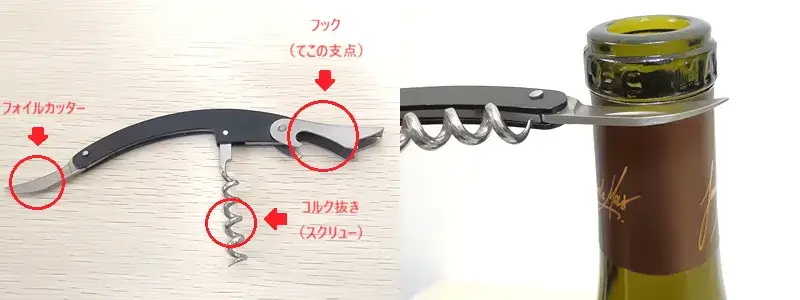 ソムリエナイフの各パーツ名称とてこ部分・スクリュー・フォイルカッターの役割を示した画像