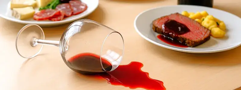倒れた赤ワイングラスからこぼれたワイン。華やかな料理の並ぶテーブルで、少し期待外れな印象をやわらかく表現したイメージ。