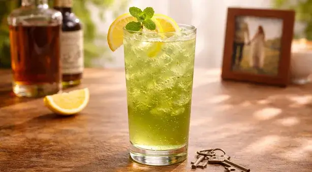 テネシー・クーラーのカクテル。緑がかった琥珀色の炭酸とレモン、ミントが、あの日の約束を思い出させるような懐かしく爽やかなイメージ画像