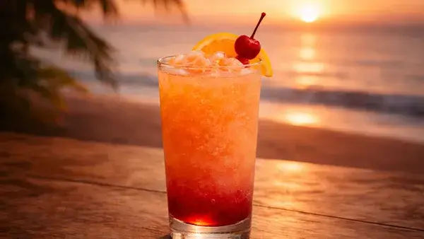 テキーラサンセットのカクテル。シャーベット状に濁った赤とオレンジのグラデーションが、夕暮れの海とともにやさしく包み込むような慰めの雰囲気を表現したイメージ画像