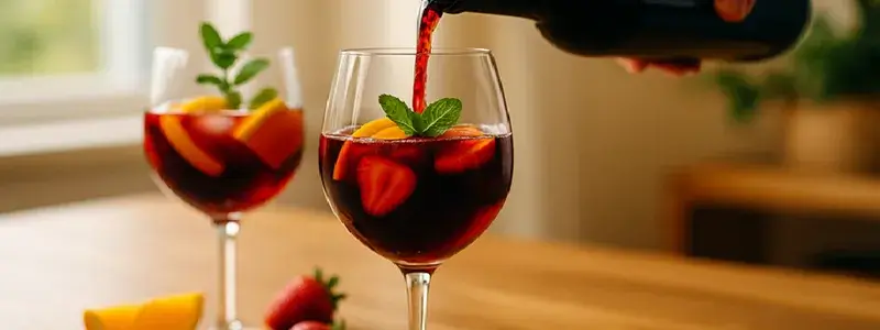 明るい自然光の下、サングリア風にアレンジしたワインがグラスに注がれ、オレンジやベリー、ミントが彩りを添える写真。