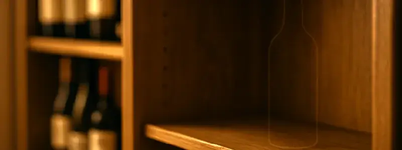 棚からワインボトルが姿を消したあと、柔らかな光が差し込む店内の写真。うれしいワインの終売時期を象徴するイメージ。