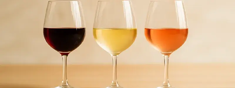 赤・白・ロゼのワインが入った3つのグラスが木のテーブルに並ぶ写真。うれしいワインの代替となる新しい3本をイメージした明るい構図。