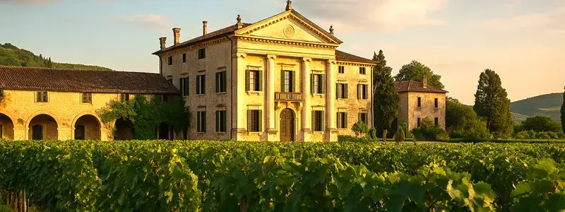 ヴァルポリチェッラの丘陵に佇む伝統的なワイナリーの風景。石造りの建物と周囲のブドウ畑が、名門のフラグシップを生み出す舞台となる