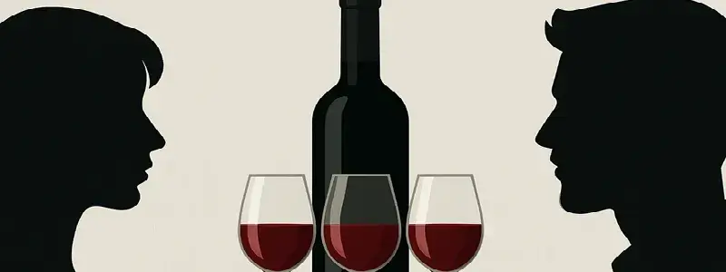ワインボトルと赤ワイングラスを前に向き合う男女のシルエット。ワイン一本の適量を男女で考えるイメージ
