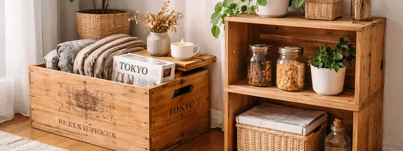 ワイン木箱を使ったおしゃれな収納とDIYインテリアの活用例。棚や小物入れとして使っている様子