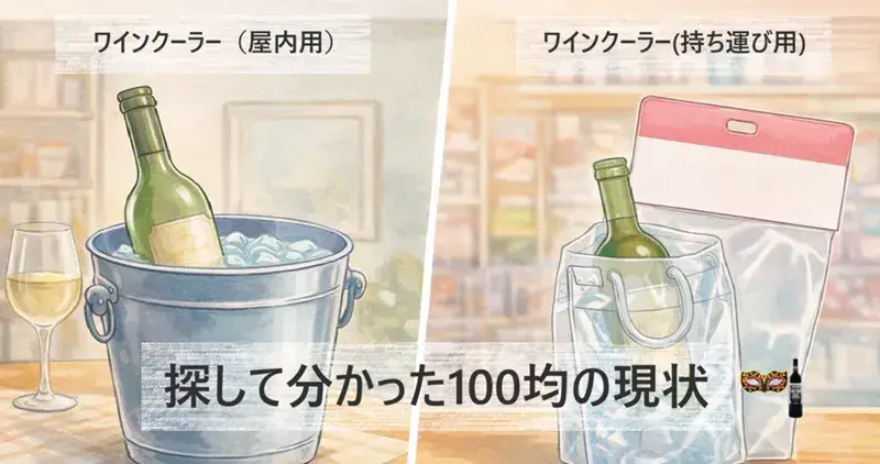 ダイソーで探したワインクーラーの実情を表したイラスト。屋内用のバケツ型ワインクーラーと、ダイソーで実際に見つかる持ち運び用ワイン保冷バッグを並べて描いている