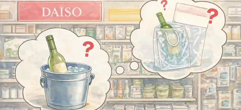ダイソーのキッチン用品売り場をイメージしたイラスト。ワインクーラーを探して棚を見る様子と、屋内用と持ち運び用を思い浮かべているイメージを表している