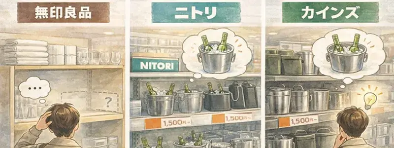 無印良品・ニトリ・カインズの店内で、ワインクーラーを探す様子を描いたイラスト。無印は取扱いがなく、ニトリとカインズではバケツ型ワインクーラーが並んでいるイメージ