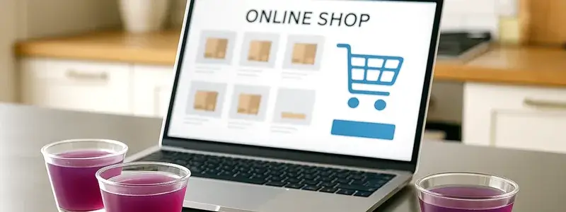 家庭のキッチンのカウンターに並んだガラス容器の紫色ゼリーと、オンラインショップ画面を表示したノートパソコン。ワインゼリーを自宅で購入できることをイメージした写真。