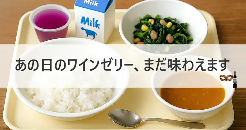 ワインゼリーが添えられた昔の学校給食の食膳。ご飯、牛乳、ほうれん草のおかず、スープとともに、紫色のカップ入りワインゼリーが目立つ懐かしい給食のワンシーン。