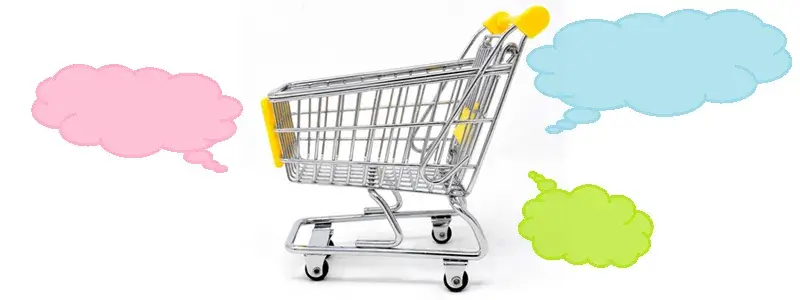 ショッピングカートの周りにカラフルな吹き出しが浮かんでいるイラスト。ワイン鯖の口コミや購入者の声をイメージしたデザイン