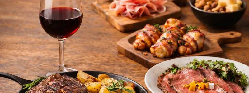 赤ワインを注いだグラスと、ステーキやローストビーフ、チーズや燻製ナッツを並べたジストに合う料理のペアリングイメージ