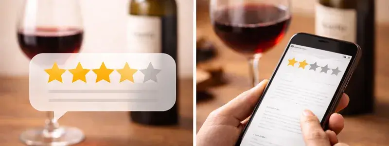 ジストワインの口コミや評価を表現したイメージ。ワイングラスとボトルの背景に、高評価と低評価が並ぶスマホレビュー画面を対比している