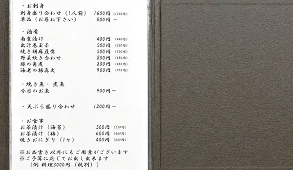四代目魚盛のメニュー表。刺身や焼き魚など一品料理の価格が分かる
